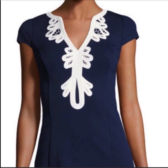 Eliza J Cap Sleeve Sheath Dress Navy White 14 L - Picture 2 of 8